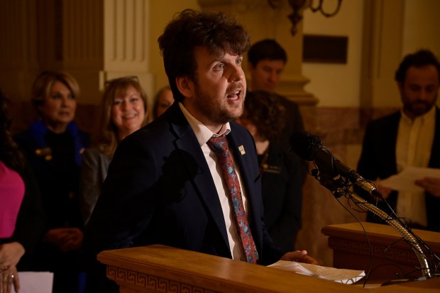 State Rep. Javier Mabrey leads a news conference at the Colorado State Capitol building in Denver on Thursday, Jan. 23, 2025. A group of Democratic legislators unveiled three bills -- one to limit price gouging, another to target so-called "junk fees" and a third to limit the use of algorithms in rental housing. (Photo by Hyoung Chang/The Denver Post)