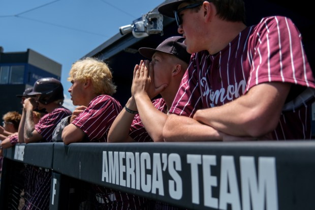 Golden senior Taden Svendsen (2) watches the first game of the CHSAA Class 4A Baseball State Championship Games against Cheyenne Mountain from the dugout at Erdle Field at the Air Force Academy in Colorado Springs, Colorado, on Saturday, May 31, 2025. (Eli Imadali/Special to The Denver Post)