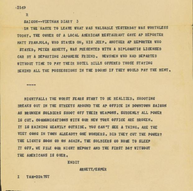 Associated Press wirecopy story by Peter Arnett and George Esper on the fall of Saigon, April 29, 1975 (page 3 of 3). (AP Photo/Corporate Archives)